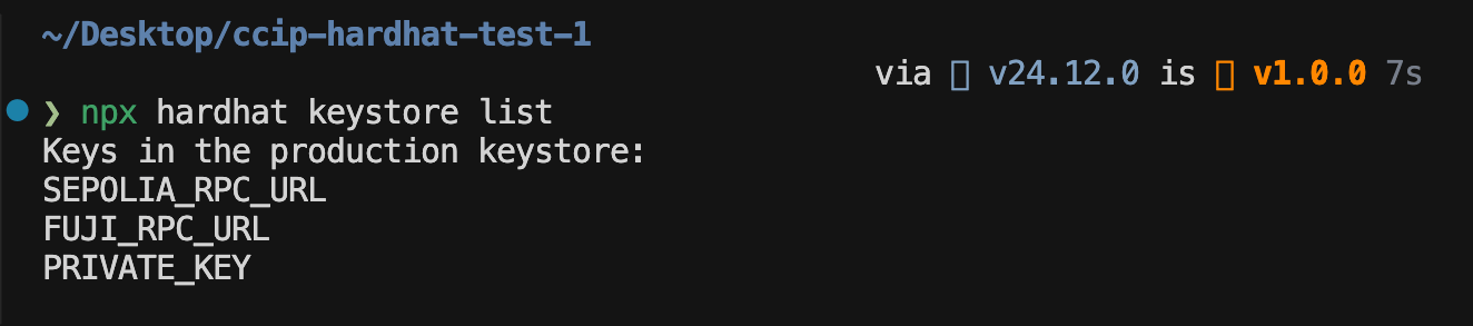 Hardhat keystore list command output