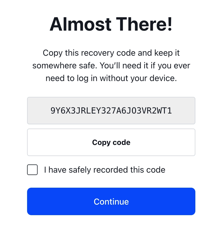 Recovery code screen