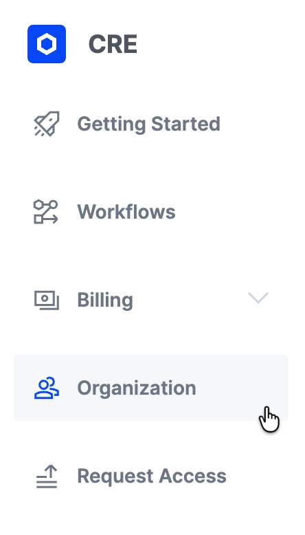 Organization menu in sidebar