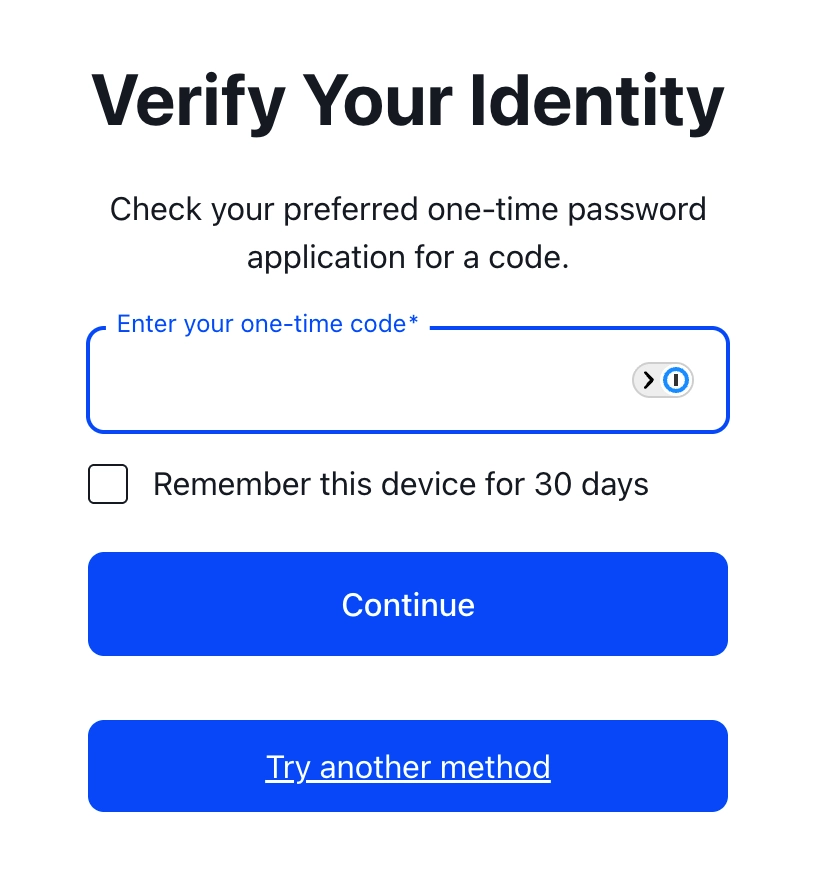 Enter one-time code (authenticator app example)
